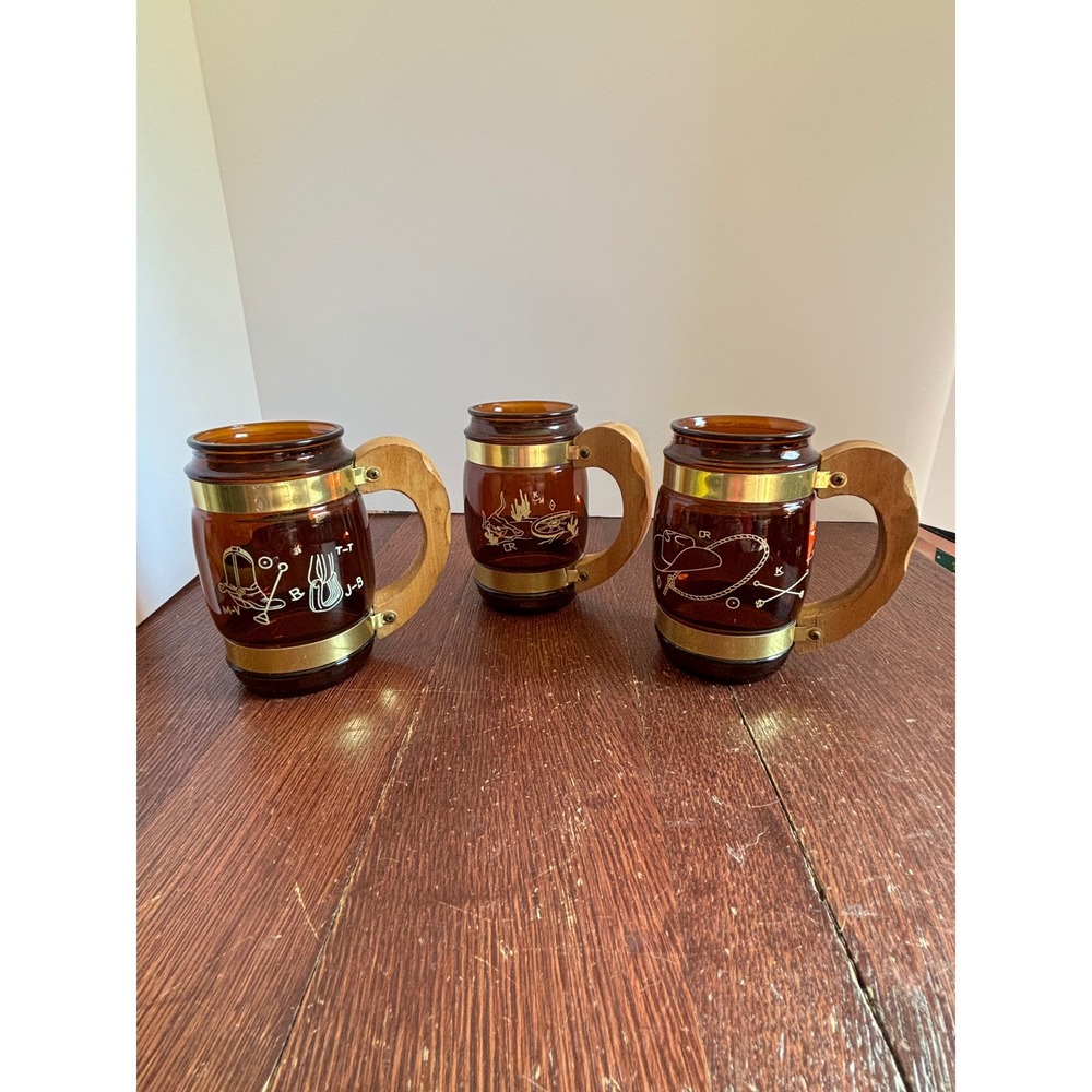 Vintage Siesta Ware Amber Glass Mugs Set of 3 Western Cattle Brand Wood Handle